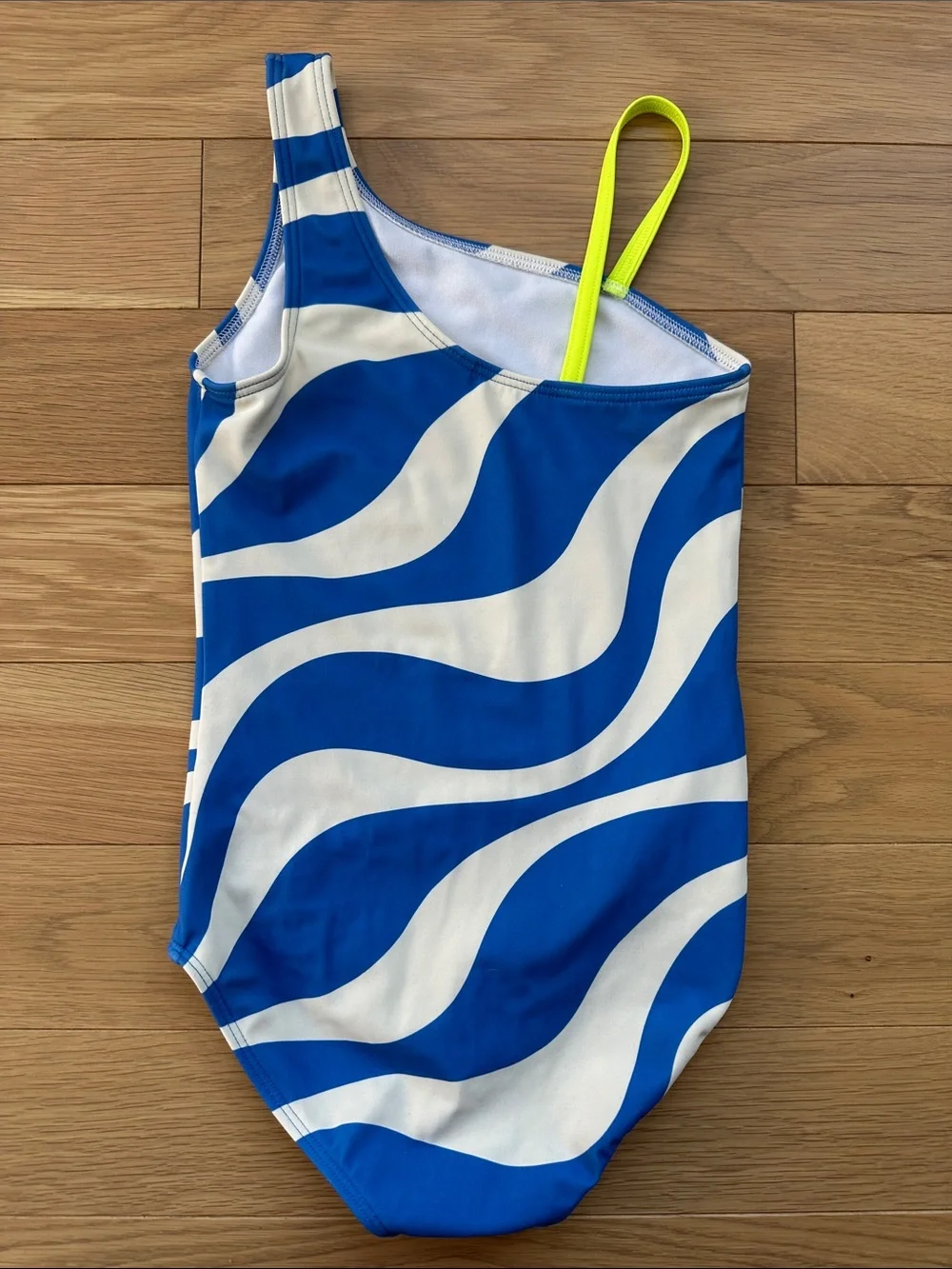 Mini Boden Blue & White One-Shoulder Swimsuit with Neon Strap